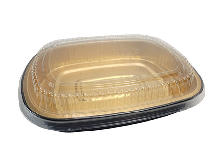 Large 64 oz. Black and Gold Foil Entrée or Take Out Pan with Dome Lid - Case of 50