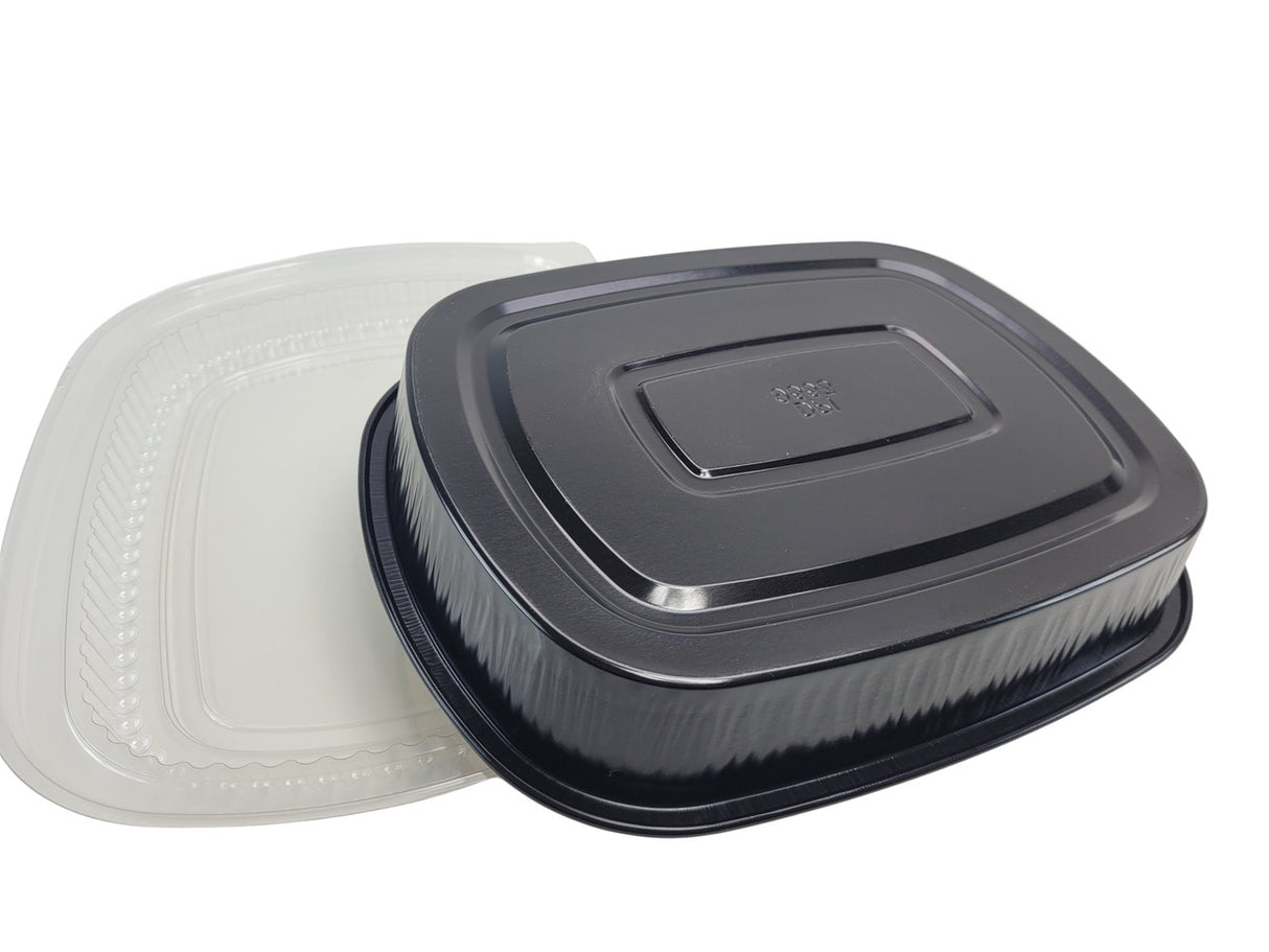 Large 64 oz. Black and Gold Foil Entrée or Take Out Pan with Dome Lid - Case of 50