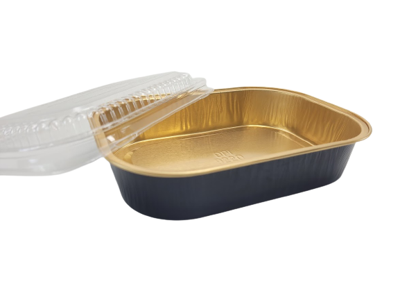 16 oz. Black and Gold Foil Entrée or Take Out Pan with Dome Lid - Case of 100 - 9220PT